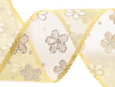 Organzaband mit Blumen und Glitzer gelb Breite 40mm